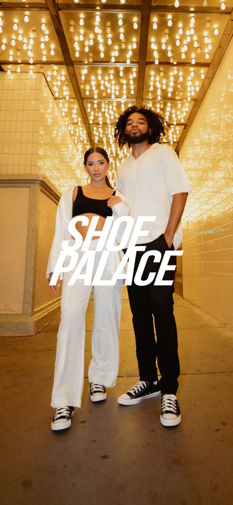 Shoe Palace - The app immediately immerses users in the Shoe Palace brand with its striking logo and fashionable models, setting the tone for a premium shopping experience.