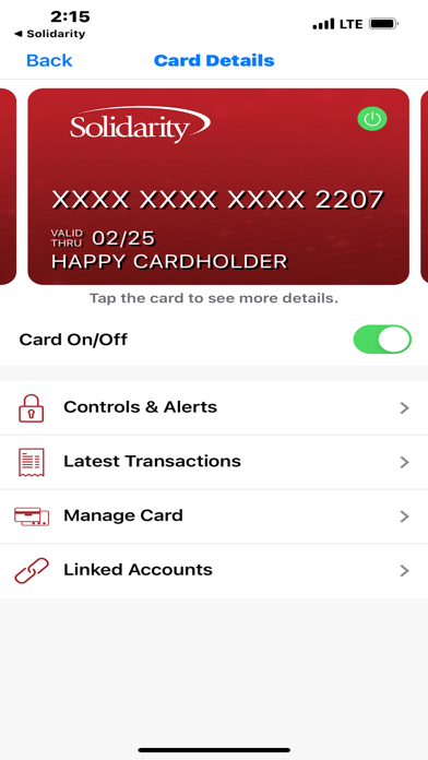 Solidarity FCU Card Controls Screenshot