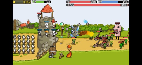 Grow Castle! - Los usuarios pueden observar la estrategia de combate con la torre del castillo defendiéndose de diversas unidades enemigas, incluyendo catapultas que lanzan proyectiles, y los ataques masivos que el castillo ejecuta.