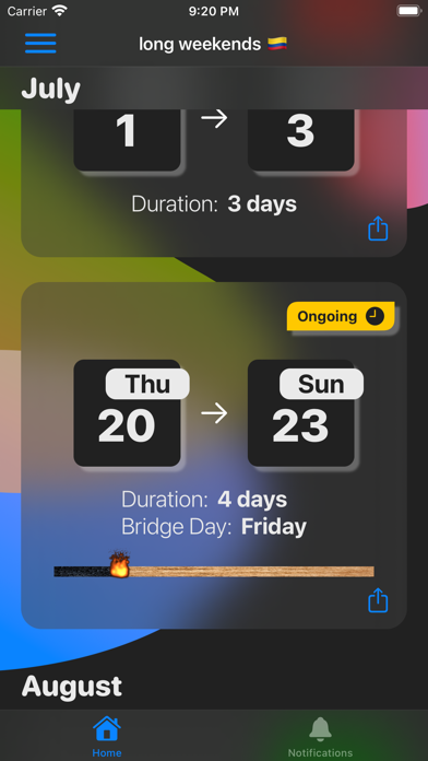 Screenshot 2 of Long Weekend Tracker App