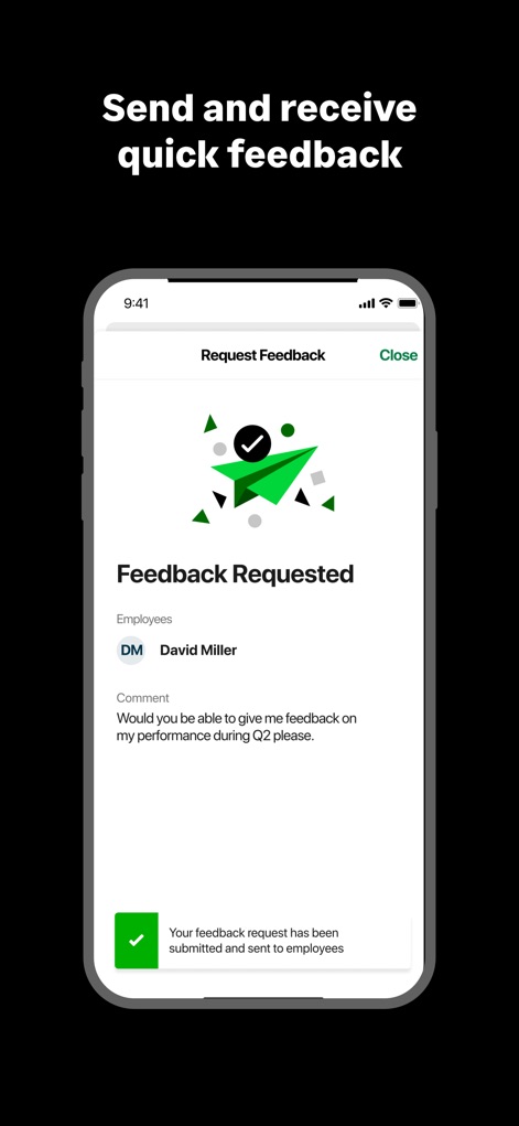 Sage HR (New) - The app streamlines communication with a dedicated 'Request Feedback' feature, confirming submissions and clearly displaying the names of employees, like 'David Miller', from whom feedback was requested.
