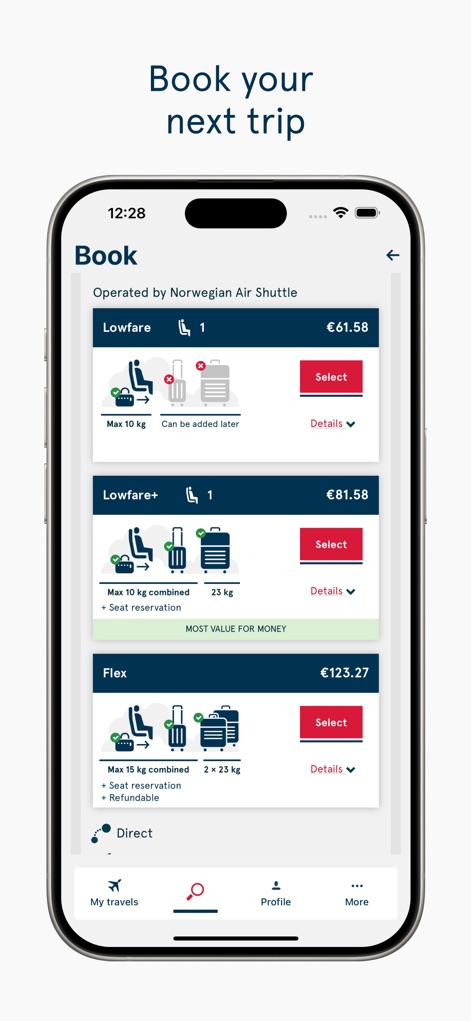 Norwegian Travel Assistant - Questo strumento presenta diverse opzioni tariffarie come "Lowfare" e "Flex", permettendo agli utenti di scegliere il pacchetto ideale in base alle loro esigenze, visibile dalle specifiche di bagaglio e dalla possibilità di aggiungere extra.