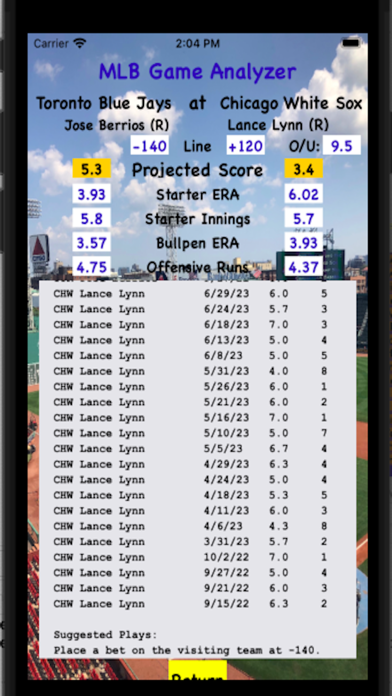 MLB Game Analyzer Screenshot