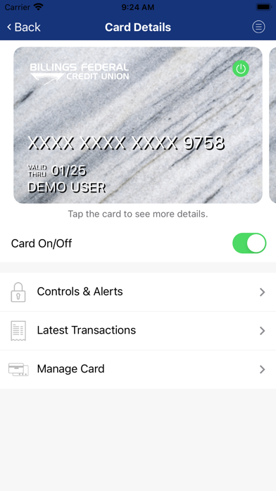 Billings FCU Card Controls Screenshot