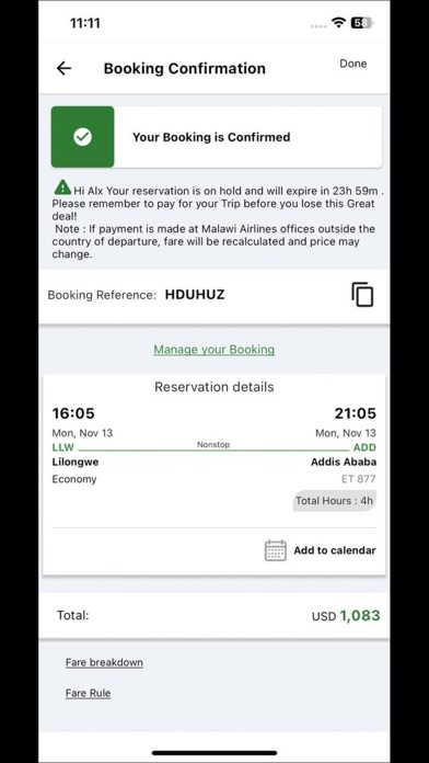 Malawi Airlines Screenshot