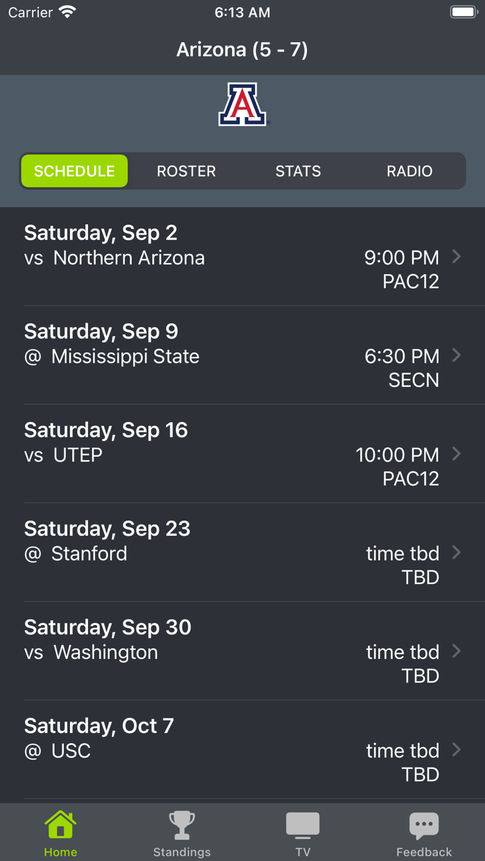 Arizona Football Schedules