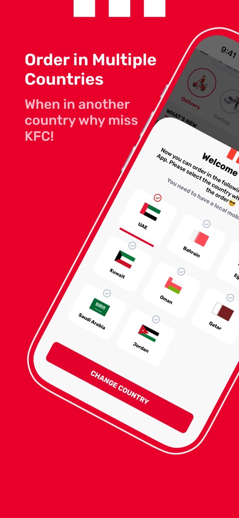 KFC UAE - Order Food Online - Users can seamlessly order from various regions, with clear country flags and names displayed for easy selection across multiple GCC countries and Egypt.