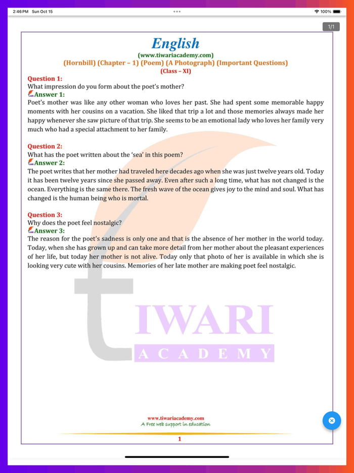 Class 11 English Solutions