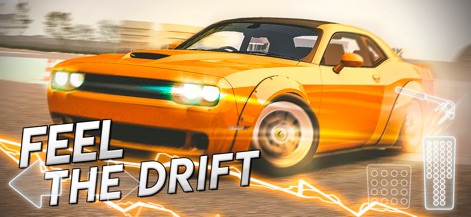 Drift legends - 本作では、鮮やかなオレンジ色のマッスルカーがドリフト走行する様子や、ダイナミックなモーションブラー効果が、スリリングなドリフトの瞬間を強調しています。