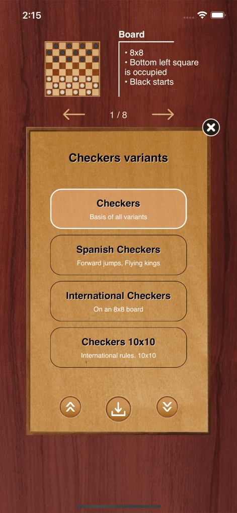 Checkers game - The app offers a dedicated menu to select various checkers variants, including classic 'Checkers' and specialized 'International Checkers' rules for diverse gameplay.