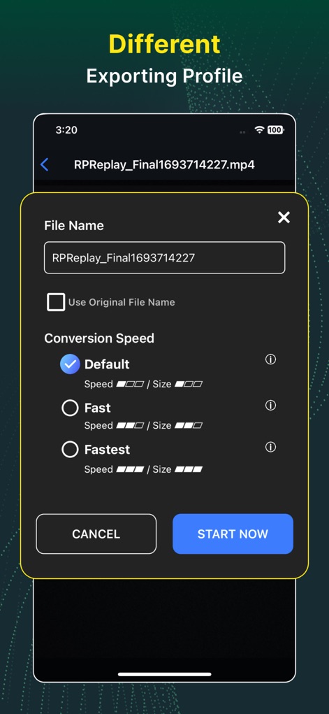 Video Converter and Compressor - Antes da exportação, os usuários podem definir o "File Name" e selecionar a "Conversion Speed" desejada, que varia entre opções como "Fast" e "Fastest" para otimizar o tempo.