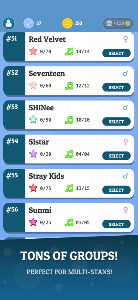 KPOP Tiles 2026 - Browse an extensive list of K-Pop groups, showcasing individual progress with star ratings and completed song counts for each.