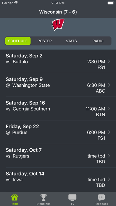 Wisconsin Football Schedules Screenshot