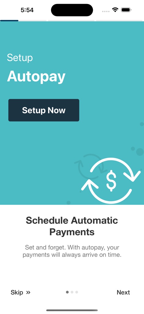 Lakeview Mortgage - Discover the 'Setup Autopay' feature, where the app guides users to schedule automatic payments with clear instructions and a visual of recurring dollar transactions.