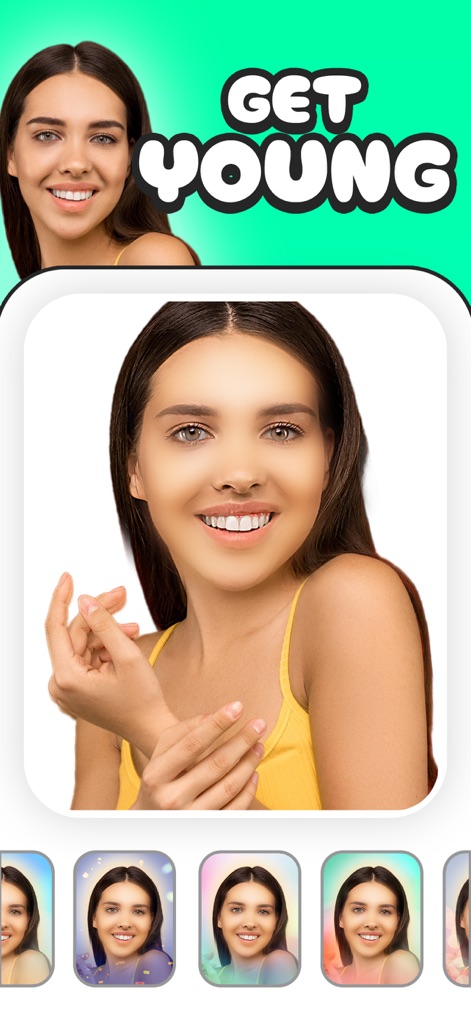 What Will I Look Like Old Face - Discover the 'young face' filter which reverses the aging process, presenting a noticeably younger appearance and a subtle, youthful glow in the bottom filter carousel.