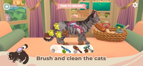Cat Rescue Story - O aplicativo permite aos usuários escovar os pelos de um gato cinza e remover sujidades, mostrando o detalhe na interação e a variedade de ferramentas de higiene disponíveis.