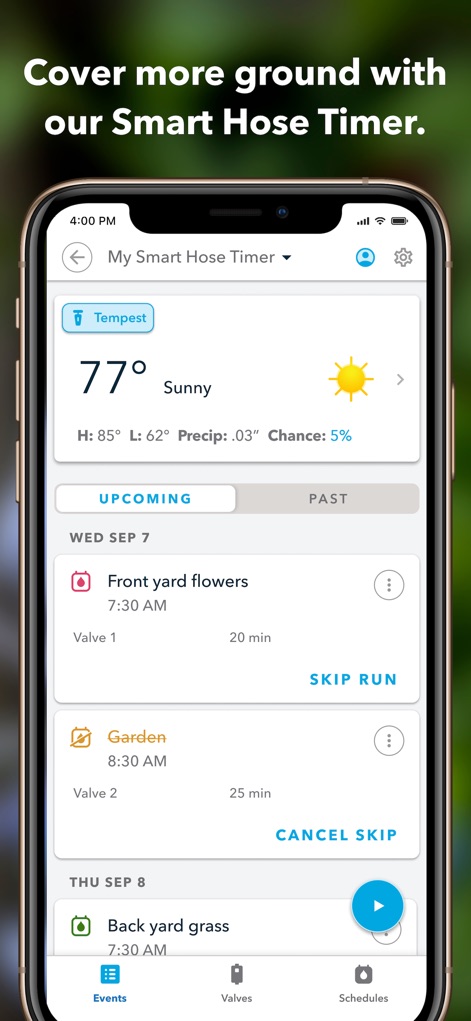 Rachio - The app seamlessly integrates with a Smart Hose Timer, presenting an organized list of "UPCOMING" events with options to "SKIP RUN" or cancel skips.