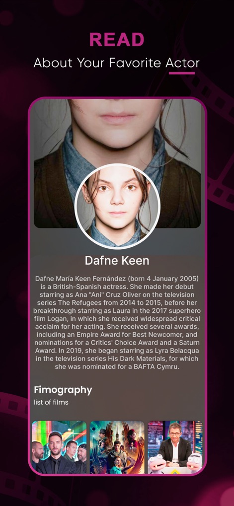 Seekee : Movies and TV Shows - ユーザーは「Dafne Keen」のようなお気に入りの俳優について深く知ることができます。このページには、俳優の詳細なバイオグラフィーと、出演作品を一覧できるフィルモグラフィーのサムネイルが含まれています。