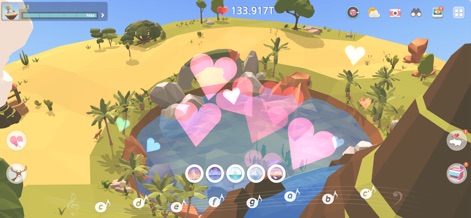 My Oasis: Anxiety Relief Game - La interfaz muestra corazones flotantes como recompensa por la interacción y una barra de progreso en la esquina superior, junto con una secuencia de notas musicales en la parte inferior, indicando la jugabilidad activa.