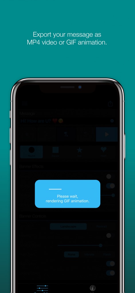 LED Banner Pro: Marquee maker - Observe the active 'rendering GIF animation' process, confirming the app's efficiency in generating animated outputs as MP4 videos or GIF files for seamless sharing.