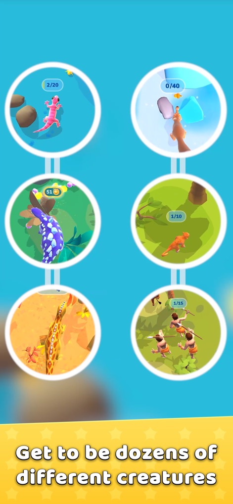 Hyper Evolution - Explore the variety of creatures, from the vibrant pink lizard to the cooperative early humans, accessible through detailed mini-level previews.