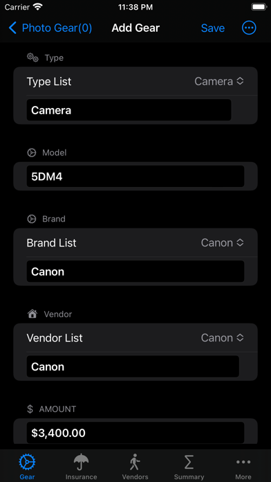 Photo Gear Database Screenshot
