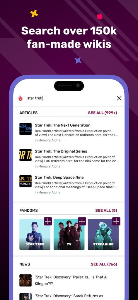 FANDOM News & Stories - Users can leverage the robust search functionality to find detailed information across over 150,000 fan-made wikis, with results neatly organized into articles, fandoms, and news sections.