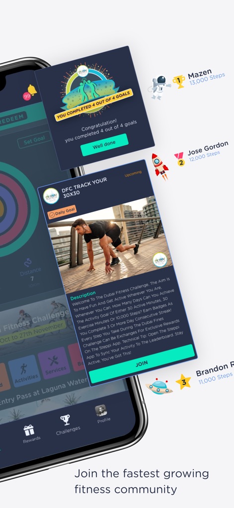 STEPPI - Discover how the app motivates users with engaging goal completion notifications and detailed challenge descriptions, such as the Dubai Fitness Challenge.