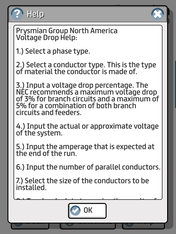 Prysmian Group Voltage Drop iPad screenshot 5 - Productivity app
