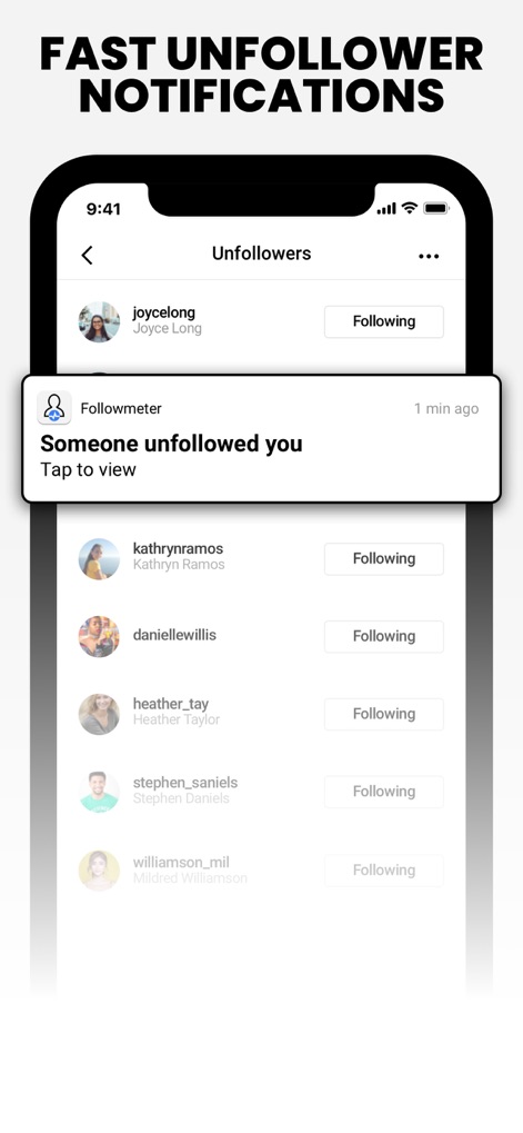 FollowMeter for Instagram - This tool provides real-time notifications when someone unfollows an account, displaying the name of the unfollower and current following status.