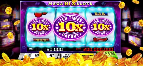 Vegas Slots - 7Heart Casino - The app offers thrilling slot play, showcasing high-multiplier "TEN TIMES PAYOUT" symbols and impressive win amount displays for big virtual victories.