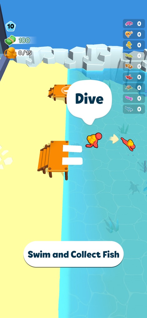 Aquarium Land - Fishbowl World - The interface presents the inviting beach entry with wooden jetties, alongside a clear tracker showing available fish types for collection.
