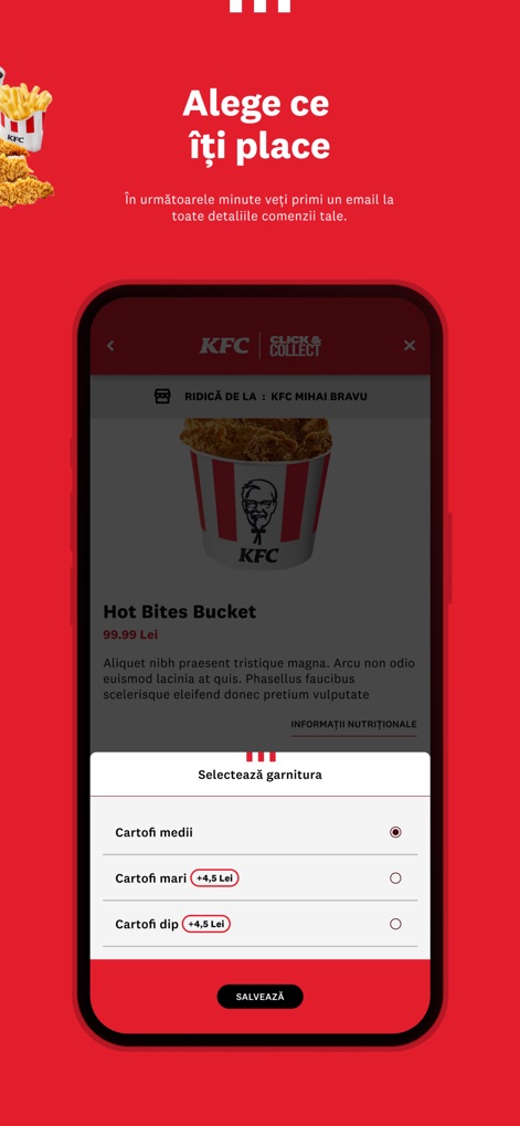 KFC România - Users can tailor their meals by selecting preferred sides via the 'Selectează garnitura' prompt, noting price adjustments for options like 'Cartofi mari'.