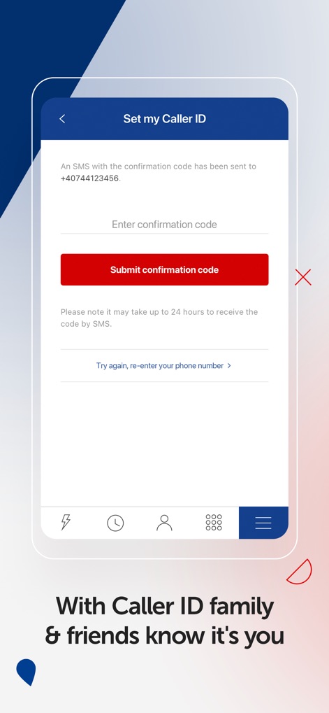 KeepCalling International - この画面で、ユーザーは確認コードを入力することで発信者IDを設定し、友人や家族に誰からの電話か知らせることができます。確認コードを送信したことを示すメッセージと入力フィールドが視覚的に示されています。