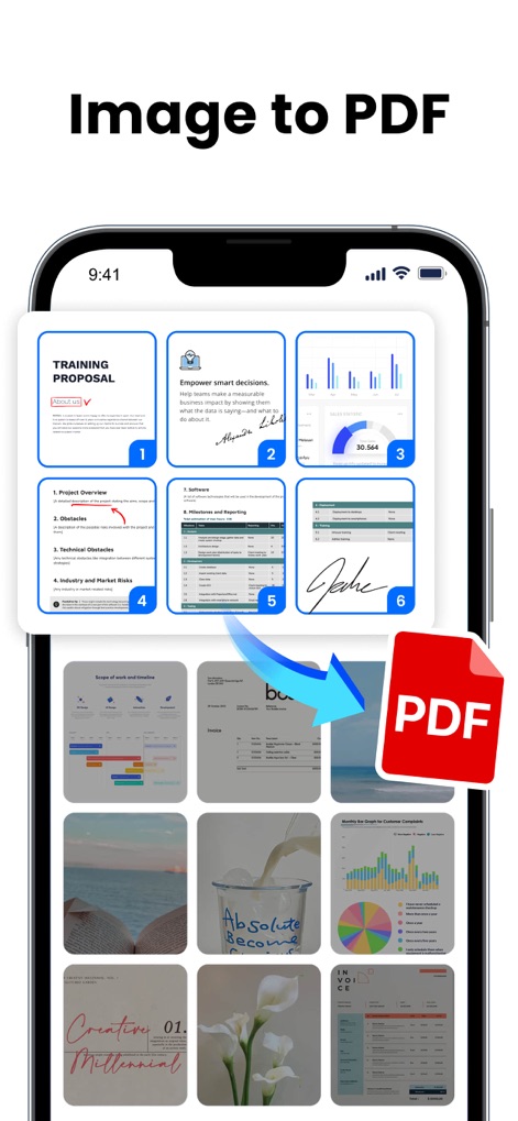 PDF Reader & PDF Editor - See the straightforward process of converting images to PDF files, demonstrating the ease of selecting multiple image thumbnails for transformation.