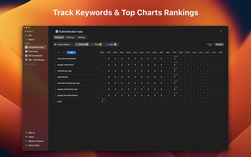 Screenshot #1 pour ASO : Track Keywords