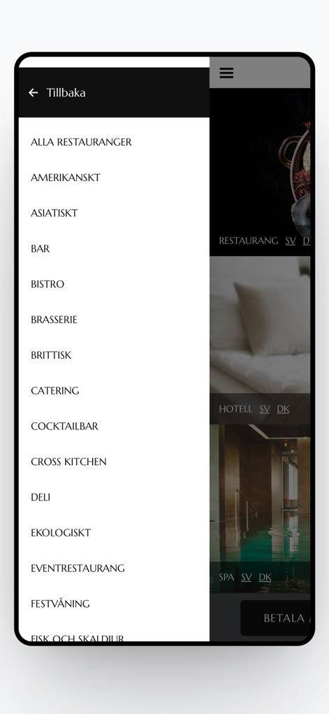 RestaurangGuiden's Gift Card - This tool offers an extensive range of curated categories for dining preferences, easily navigable through its intuitive side menu.