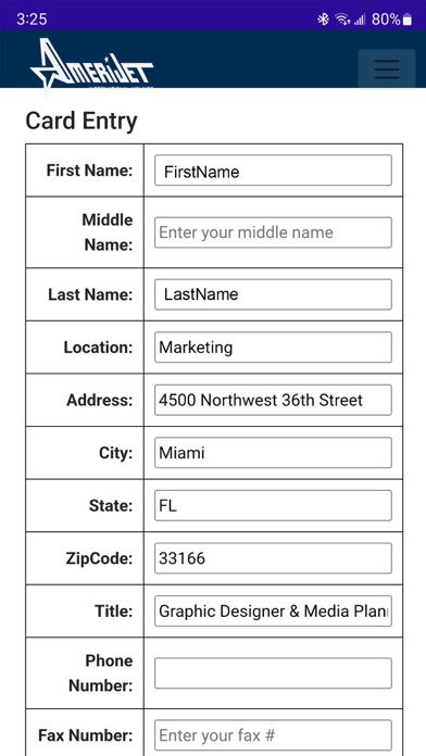 Amerijet Digital Business Card Screenshot