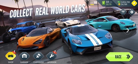 Rebel Racing - Users can explore an impressive collection of real-world licensed vehicles and easily navigate through the organized garage interface with clear menu options.
