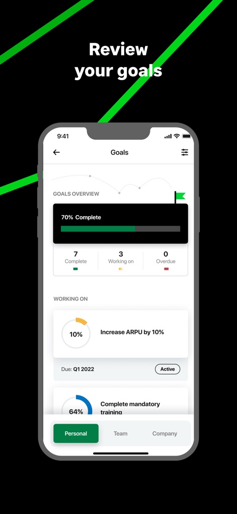 Sage HR (New) - Users can monitor their progress with a dynamic 'Goals Overview' chart, showcasing individual objectives such as 'Increase ARPU by 10%' and training completion percentages.