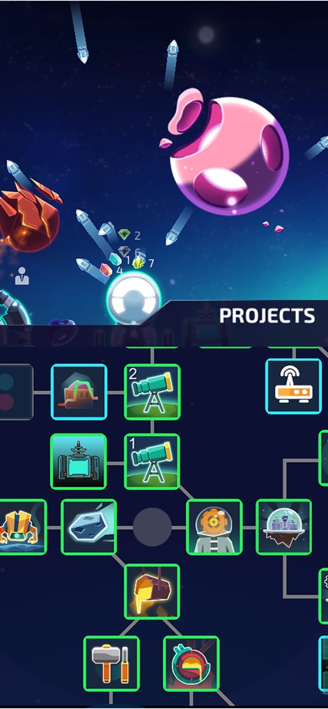 Idle Planet Miner - The app presents an intricate project tech tree, allowing users to unlock new capabilities through numbered research nodes to advance their mining empire.