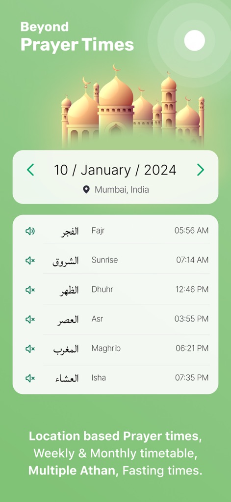 Islamic Calendar & Prayer Apps - This view highlights the app's accurate location-based prayer times, providing a clear, readable display for Fajr, Dhuhr, Asr, Maghrib, and Isha.