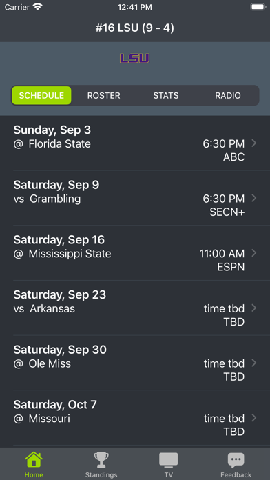 LSU Football Schedules Screenshot