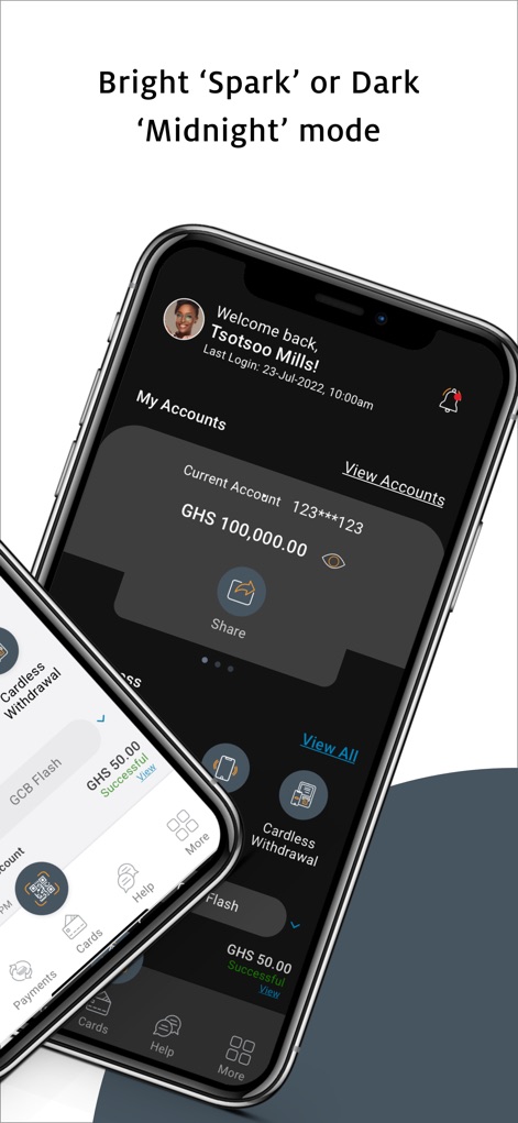 GCB Mobile App - Users can personalize their experience with the app's flexible display settings, offering both a bright "Spark" mode and a sleek dark "Midnight" mode.