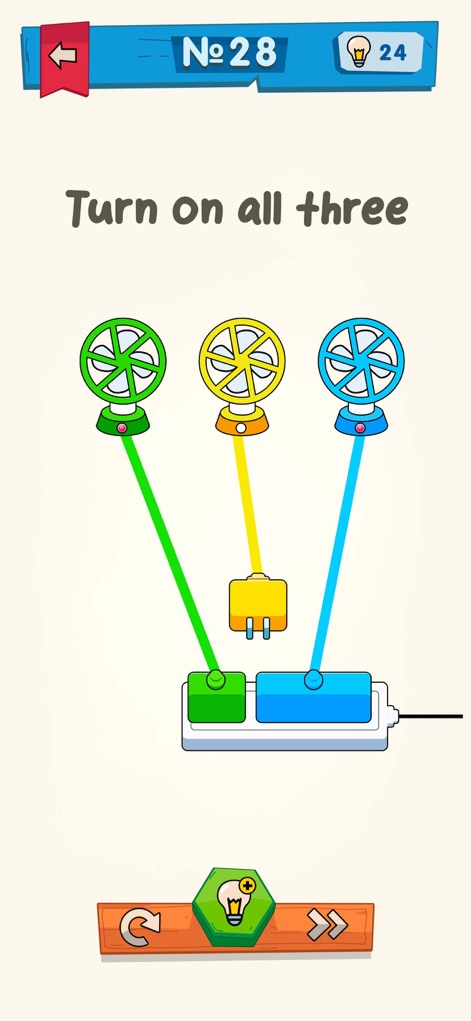IQ Boost: Training Brain Games - Este nivel reta a los usuarios a encender tres ventiladores, mostrando un diseño intuitivo con ventiladores de colores vibrantes y una regleta de enchufes que representa la interacción del rompecabezas.