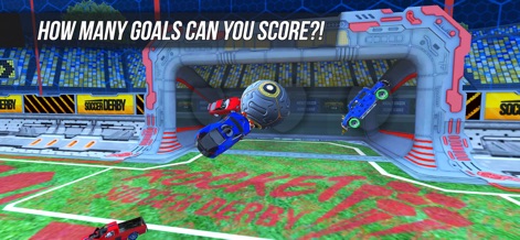 Rocket Soccer Derby - Der Screenshot illustriert eine packende Torszene, bei der Fahrzeuge den Ball ins Netz befördern und die detaillierte Torarchitektur den Wettkampfbereich abgrenzt.