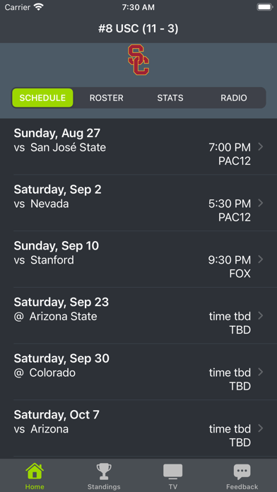 USC Football Schedules Screenshot
