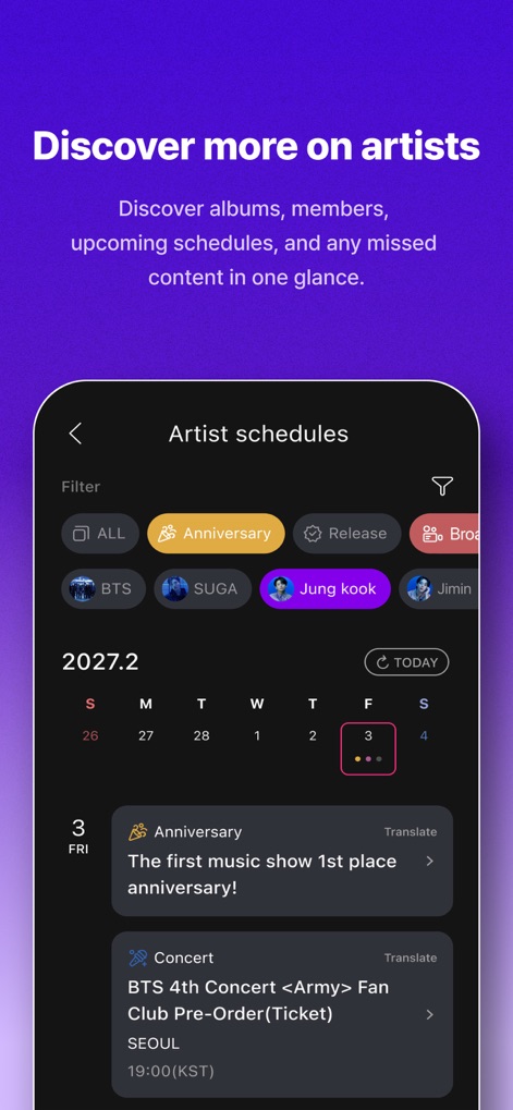 Mubeat for kpop Lovers - L'application offre un calendrier détaillé des artistes, permettant de filtrer les événements par type (comme les Anniversaires) et par membre (BTS, SUGA, Jung kook), et d'accéder aux détails des concerts.