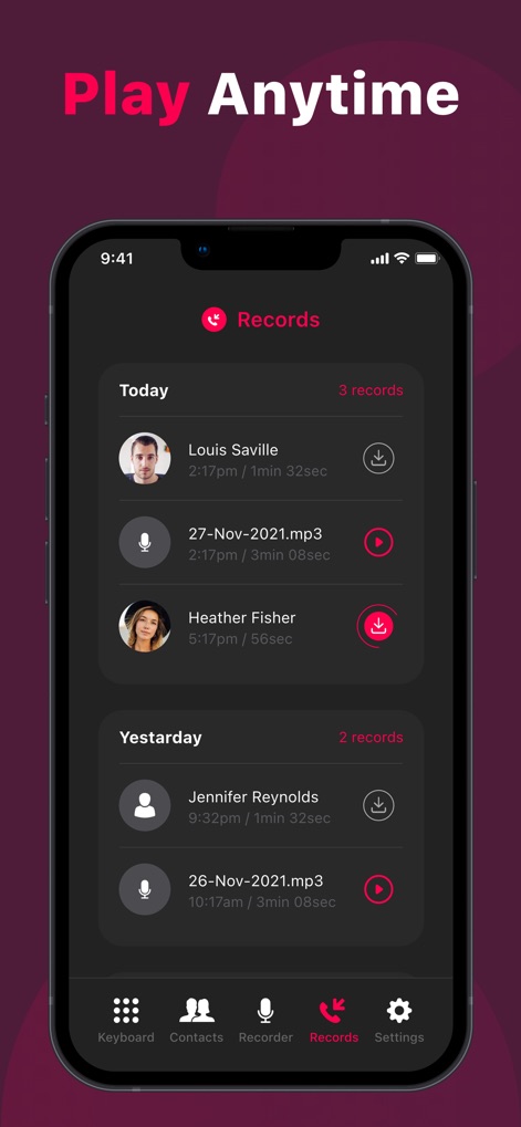 Call Recorder - Phone ACR - Users can easily manage their recorded conversations in a well-organized list, featuring both download icons and play buttons for each entry, conveniently grouped by date.