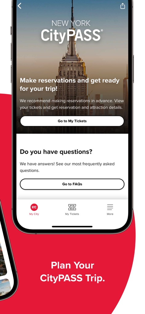 My CityPASS - Esta pantalla principal guía a los usuarios para preparar su visita, destacando la opción de hacer reservas y proporcionando acceso directo a las preguntas frecuentes.